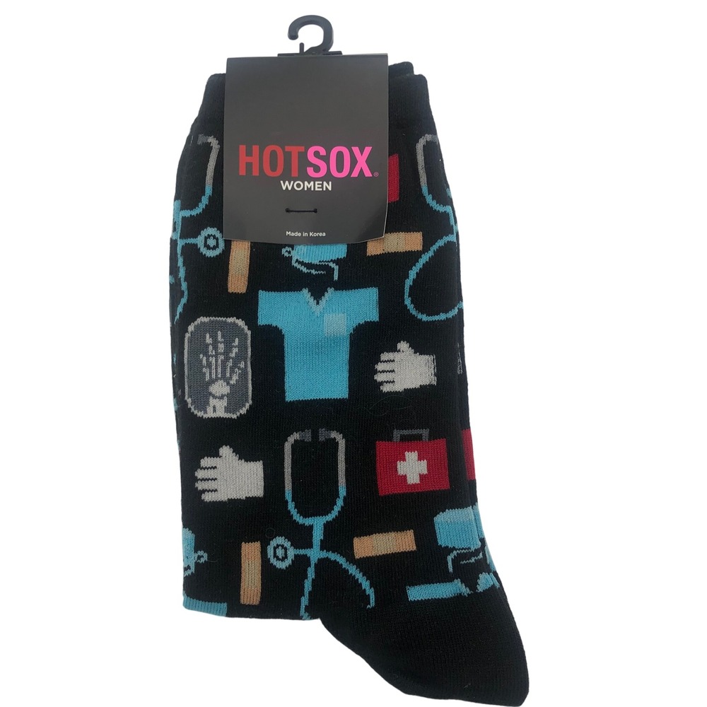 NWT Hot Sox Medical Novelty Crew Socks Fits Womens 4-10 Black Nurse Doctor Gift